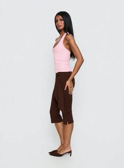 side view of model wearing Princess Polly Lizana Tie Side Capri Pants Brown Mid Rise Pants 
