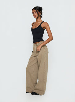 side view of model wearing Princess Polly Naylor Mid Rise Wide Leg Jeans Light Brown Wash Mid Rise Jeans 
