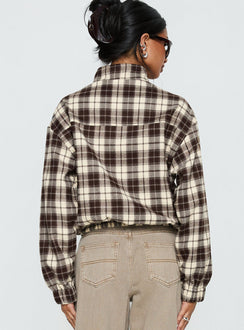 Khodana Funnel Neck Button Down Jacket Brown Check
