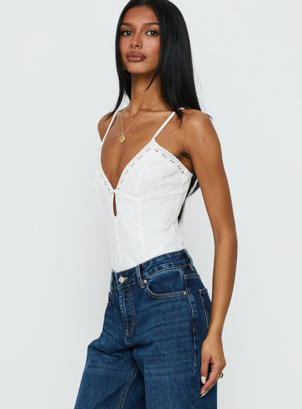 side view of model wearing Princess Polly Nerisse Keyhole Bodysuit White Sleeveless 