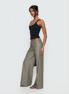 side view of model wearing Princess Polly Jette Tailored Buckle Pant Taupe Pinstripe Mid Rise Pants 