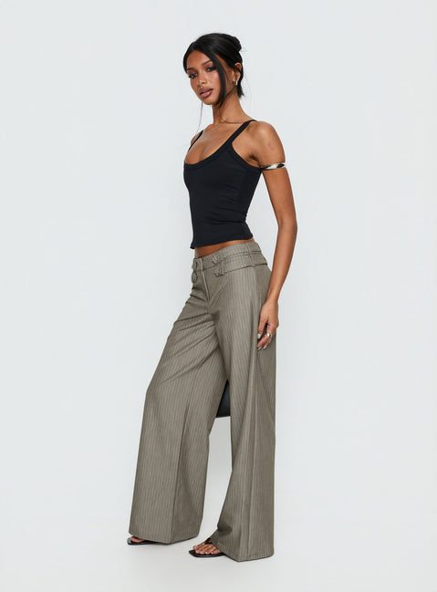 side view of model wearing Princess Polly Jette Tailored Buckle Pant Taupe Pinstripe Mid Rise Pants 