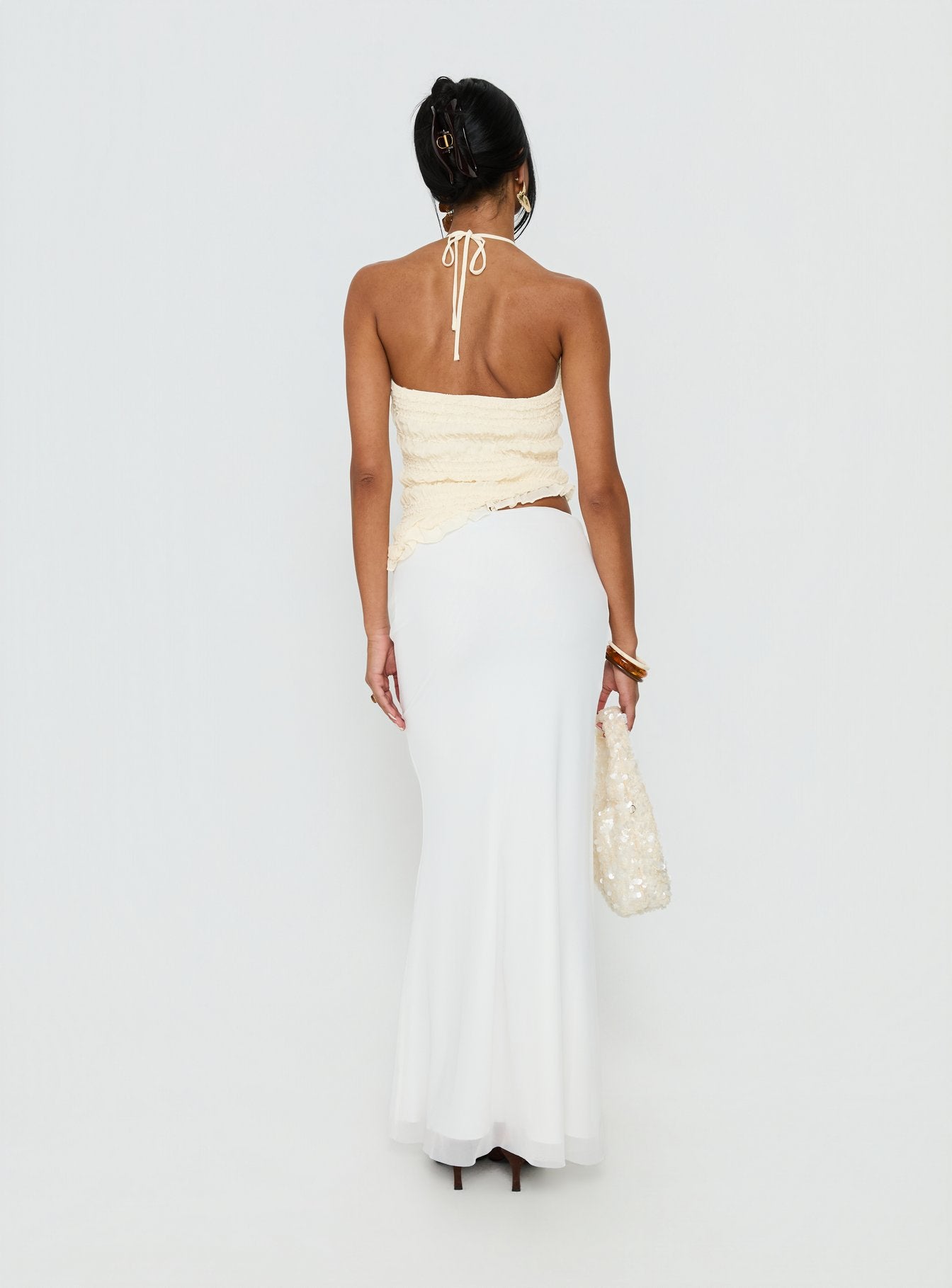 back view of model wearing Princess Polly Caviar Tie Maxi Skirt White Maxi Skirts 