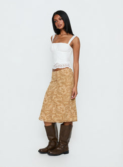   side view of model wearing Princess Polly Moses Midi Skirt Paisley Midi Skirts Skirts 