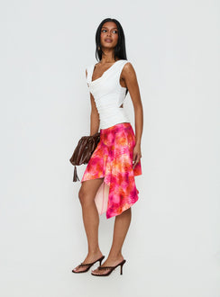   side view of model wearing Princess Polly Kimberlee Asymmetrical Midi Skirt Multi 