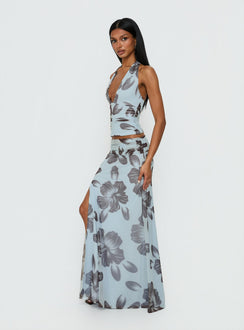   side view of model wearing Princess Polly Roselin Mesh Maxi Skirt Blue Floral 