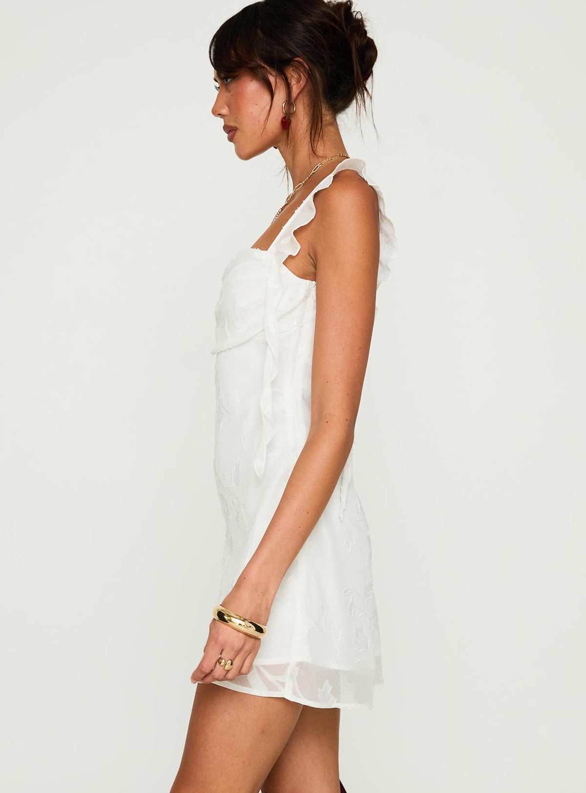 side view of model wearing Princess Polly Lanai Mini Dress White Floral Square Neck 