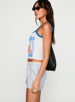 side view of model wearing Princess Polly Merrilaine Micro Shorts Blue / White Stripe High Waisted Shorts 