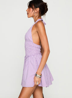 side view of model wearing Princess Polly Attracted Halter Mini Dress Purple Stripe Plunger 