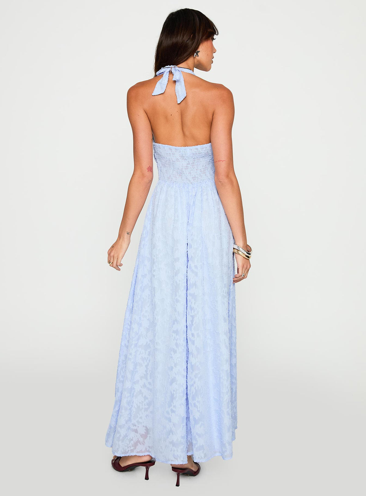 back view of model wearing Princess Polly Hours In Silence Drop Waist Maxi Dress Blue Plunger 