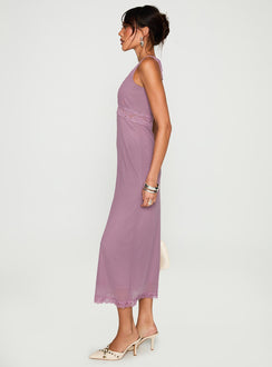 side view of model wearing Princess Polly Between The Lines Lace Trim Maxi Dress Purple Plunger 