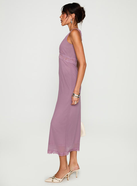 side view of model wearing Princess Polly Between The Lines Lace Trim Maxi Dress Purple Plunger 