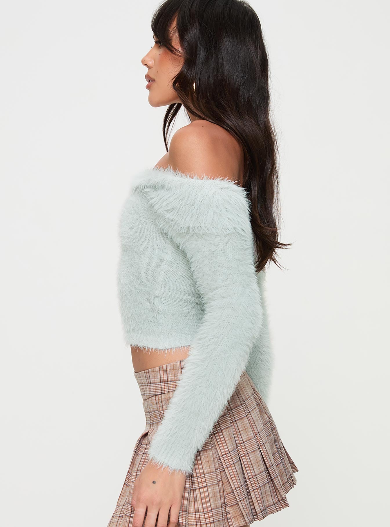 side view of model wearing Princess Polly Coecoe Off The Shoulder Sweater Grey Cropped Jumpers Jumpers 