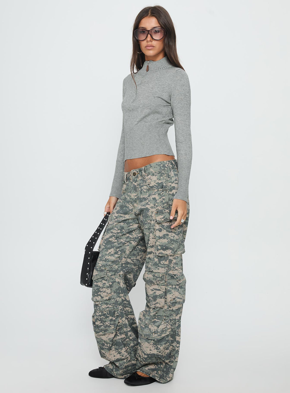 back view of model wearing Princess Polly Sweetness Low Rise Straight Leg Jeans Digital Camo Low Rise Jeans 