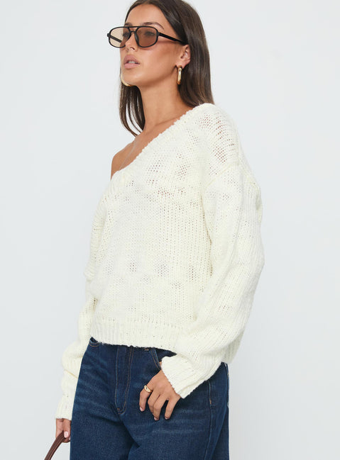side view of model wearing Princess Polly Talassa V Neck Knit Sweater White Cropped Jumpers 