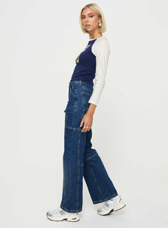 side view of model wearing Princess Polly Chad Cargo Jeans Dark Wash Denim Mid Rise 