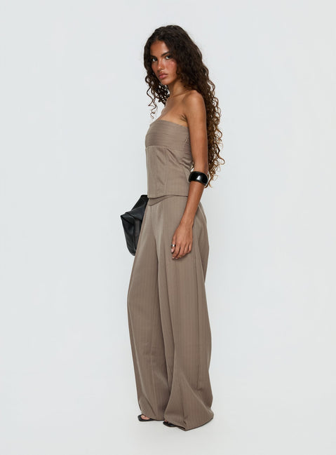 side view of model wearing Princess Polly Madelle Mid Rise Straight Leg Pants Brown Pinstripe Mid Rise Pants 