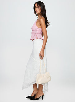   side view of model wearing Princess Polly Freebirds Lace Midi Skirt White Midi Skirts Skirts 