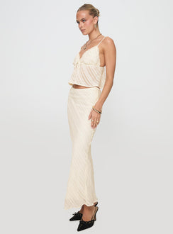   side view of model wearing Princess Polly Jacintha Maxi Skirt Cream Maxi Skirts Skirts 