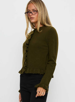 side view of model wearing Princess Polly Inclination Frill Cardigan Moss Cropped 