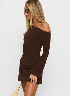 Adrietta Long Sleeve Off Shoulder Mini Dress Brown Petite