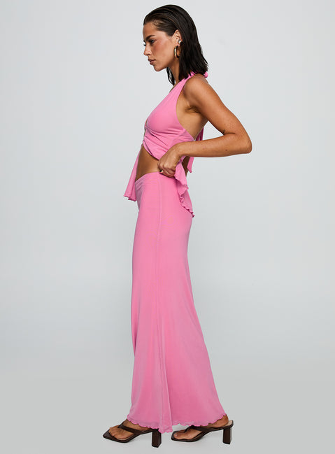   side view of model wearing Princess Polly De Angelo Maxi Skirt Pink Maxi Skirts Skirts 