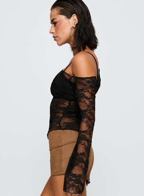 side view of model wearing Princess Polly How Ironic One Shoulder Lace Top Black Full Sleeves Asymmetric Neckline 