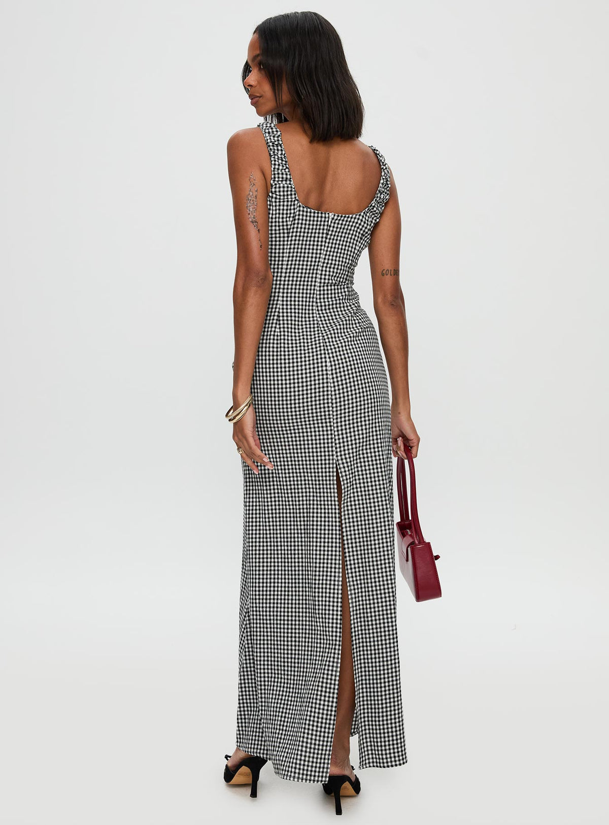 back view of model wearing Princess Polly Roundtrip Maxi Dress Black / White Scoop Neck 