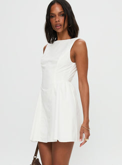 side view of model wearing Princess Polly Maryvonne Mini Dress White High Neck 