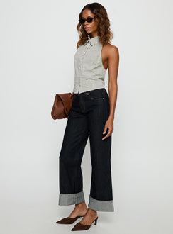 side view of model wearing Princess Polly Squire Mid Rise Straight Leg Folded Hem Jeans Indigo Wash Mid Rise Jeans Jeans 