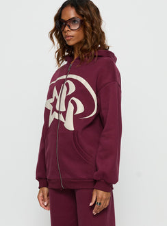 Featuring the Stargirl Zip Through Jumper in burgundy womens jumpers with long oversized fit, graphic print and hood side view of model wearing Princess Polly