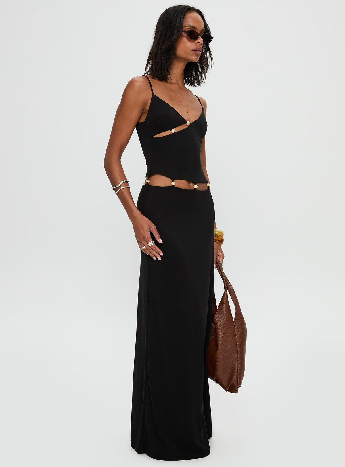 side view of model wearing Princess Polly Allspice Beaded Maxi Dress Black Plunger 