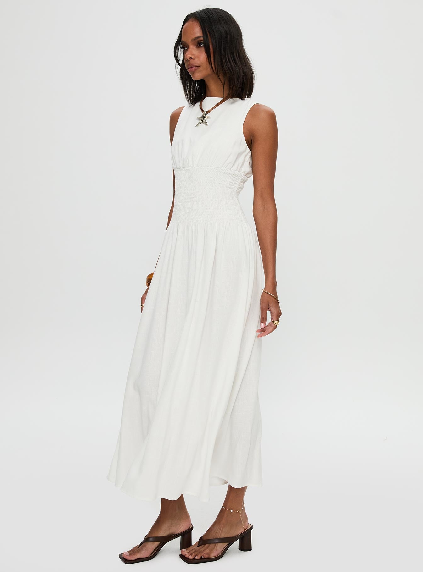 back view of model wearing Princess Polly Lilienne Shirred Maxi Dress White Crew Neck 