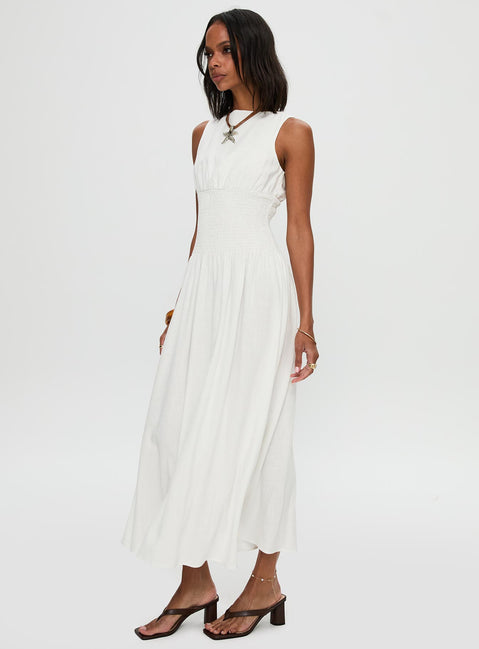 back view of model wearing Princess Polly Lilienne Shirred Maxi Dress White Crew Neck 