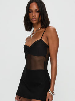 side view of model wearing Princess Polly In The Club Bodysuit Black Sleeveless 