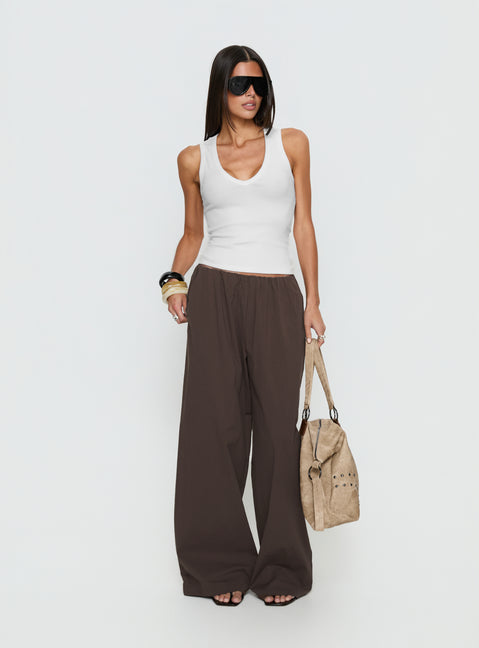 Crafted with Lunea Concealed Waistband Pants Brown Tall in womens regular pants with high-rise on-body view of model wearing Princess Polly