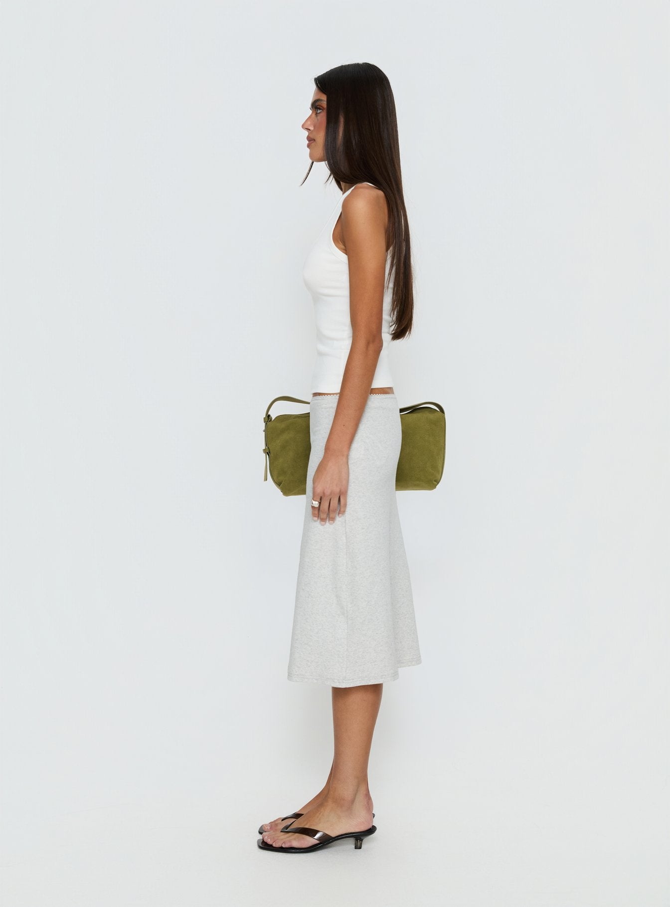   side view of model wearing Princess Polly Baseline Rib Midi Skirt Grey Marle Midi Skirts 