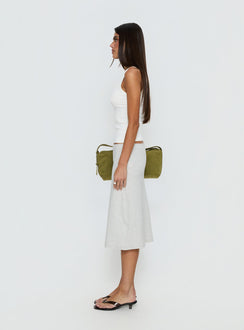   side view of model wearing Princess Polly Baseline Rib Midi Skirt Grey Marle Midi Skirts 