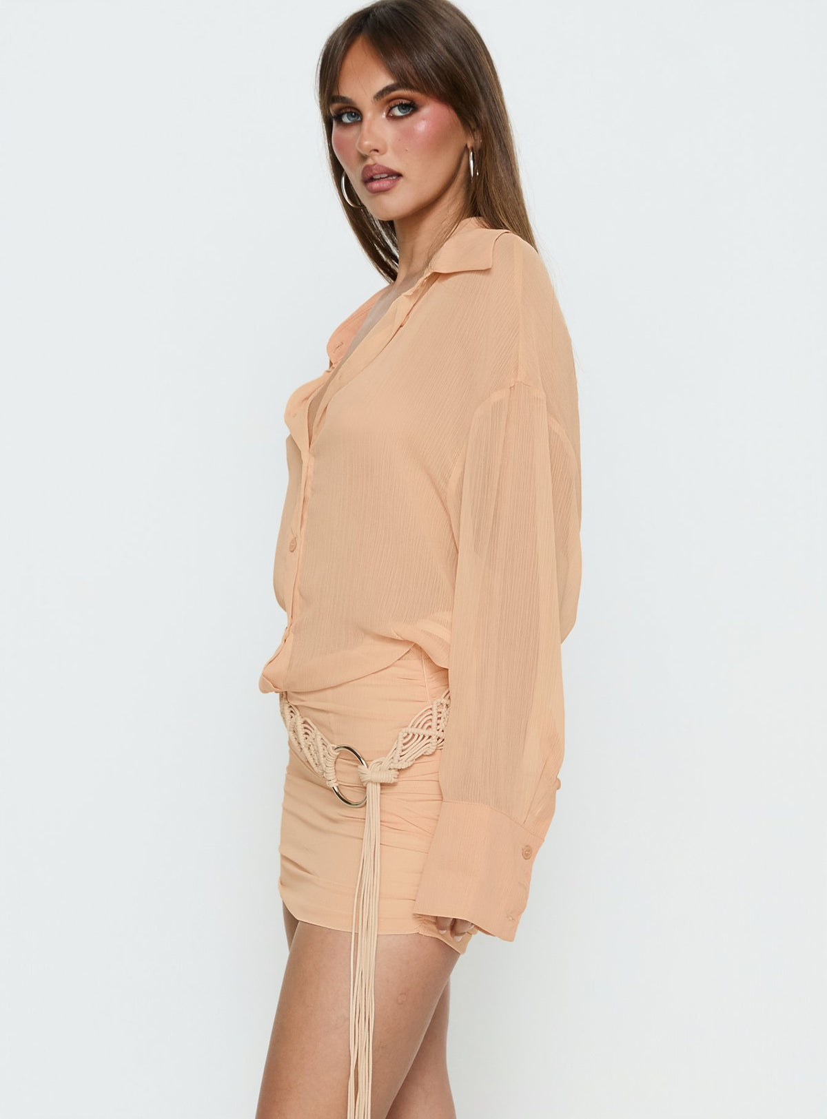Moonrising Long Sleeve Sheer Blouson Mini Dress Soft Orange