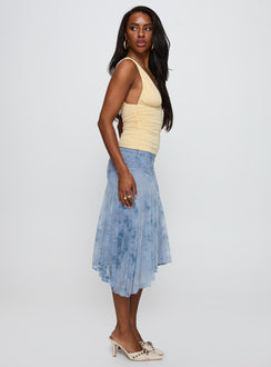   side view of model wearing Princess Polly Summer Rain Asymmetrical Midi Skirt Blue Midi Skirts Skirts 