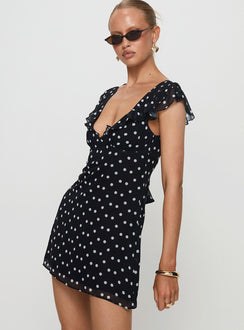 back view of model wearing Princess Polly I Guess So Mini Dress Black Polka Dot Tall V-Neck 