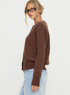 side view of model wearing Princess Polly Melancholia Cardigan Chocolate regular Jumpers 
