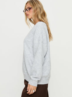 side view of model wearing Princess Polly Stay The Night V Neck Knit Sweater Grey Marle regular 