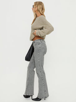side view of model wearing Princess Polly Magic Mirror Mid Rise Bootleg Jeans Washed Grey Mid Rise Jeans Jeans 