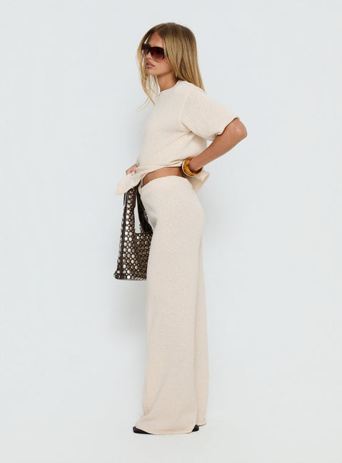 side view of model wearing Princess Polly Calisse Knit Wide Leg Pants Beige High Rise Pants 