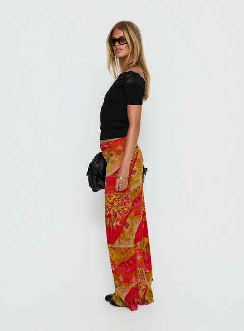   side view of model wearing Princess Polly Rowana Maxi Skirt Multi Paisley Maxi Skirts 