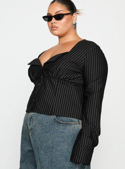 side view of model wearing Princess Polly Set For Life Foldover Detail Long Sleeve Top Black / White Pinstripe Curve Full Sleeves Sweetheart 