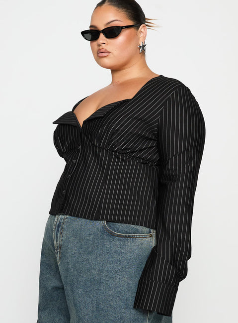 side view of model wearing Princess Polly Set For Life Foldover Detail Long Sleeve Top Black / White Pinstripe Curve Full Sleeves Sweetheart 