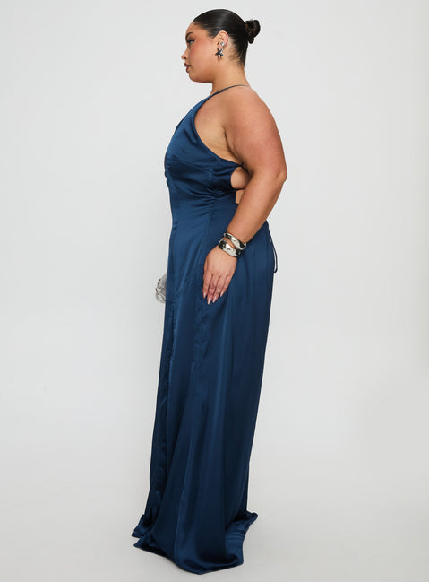 Kiss Of Life Satin Maxi Dress Navy Curve