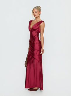 False Alarm Plunge Asymmetrical Pleat Maxi Dress Red